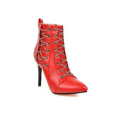 Women Ankle Boots 2023 Autumn Winter Stiletto Booties Cross Chain Decorate Thin High Heels PU Leather Size 34-50 Fashion