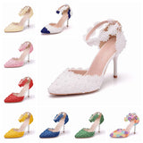 Queen Women Lace High Heels Banquet Wedding Shoes Bridal Sandals Pointed Sweet Wild Single Pumps Large