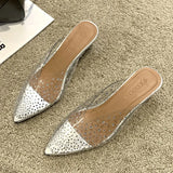 Rhinestone Pumps Women Shoes New Summer Shoes Woman PVC Thin Mid Heel Mules Shoes Female Fashion Clear Heels Slippers