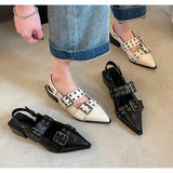 Big Size Summer New Korean Version of Shallow Mouth Flat Women's Shoes Belt Buckle Small Pointed Head Rivet Single