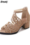 Women Summer Hollow Out Zipper Open Toe Thick Heel Sandals Casual Gladiator Shoes Platform Diamond