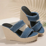 Denim Wedge High Heels Sandals Women Slip On Chunky Platform Slippers Woman Fashion Blue Thick Sole Slides Plus Size