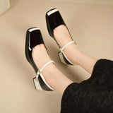 Toe Single Shoes for Women Thick Heels Shallow Mary Jane Shoes Patent Leather French Elegant High Heels Leather