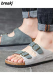New Summer Men Beach Suede Cork Slipper Couple Shoe Casual Nubuck Leather Women Outdoor Double Buckle Slide