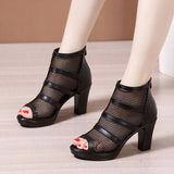 Thick-Heeled Sandals Women's 2023 Summer New Net Gauze Fish Mouth Shoes Women's Waterproof Table Hollowed-Out Roman