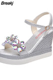 Female Fashion Flower Open Toe Sandals Dress Silver Sandals Women Rhinestone Wedges Platform Party Shoes