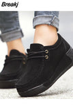 Autumn Women Faux Suede Wedges Lace-Up Loafers Platform Sewing Casual Ladies Moccasins Flats Footwear Chaussures