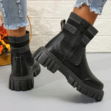 Patchwork Pu Leather Ankle Boots Women 2023 Fashion Chunky Platform Chelsea Boots Woman Elastic Knitted Short