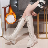 Thigh High Leather Boots Flat Gothic Shoes Women Fall Winter Shoes Fur Boots Over The Knee Boots Black White
