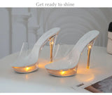 Sexy Ultra-heeled Sandals Ladies Stilettos Light Up Platform Sandals Transparent Crystal Shoes LED Glowing Shoes