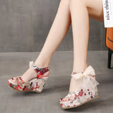 Breakj Slope Heel Sandals Women 2025 Bohemian Embroidered Toe High-Heeled Lace Lace Strap Fish