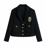 Elegant Appliques Pockets Cropped Tweed Jacket Women 2021 Fashion Single Breasted Turn-down Collar Short