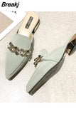 Muller Slippers Pointed ToeMetal Chain Fashion Office Ladies Shoes High Heels Low Heel Slippers Women's Shoes Summer