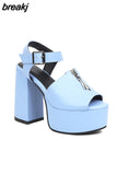 Zipper Embellished Super High Chunky Heel Square Toe Peep Toe Sandals High Waterproof Platform Ankle Belt Buckle