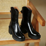 Women Genuine Leather Western Boots Round Toe Zipper Shoes Platform Thick High Heel Short Boots Autumn Winter Wine