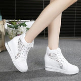 Women Wedge Platform Sneakers Rubber Leather High heels Lace Up Shoes Pointed Toe Height Increasing Creepers White