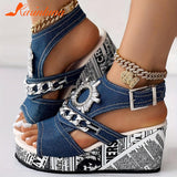 For Dropship 2023 New Summer Elegant Wedge Slide Sandals For Women Denim Single Band Flatform Sandals Beach