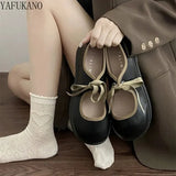 Shallow Mouth Brown Round Head Flat Bottom Single Shoes Women Vintage Mary Jane Shoes Lace-up Casual Student