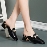 Women Baotou Half Slippers Fashion Metal Chain Square Toe Thick Middle Heel British Style Office Casual Shoes Spring Summer