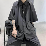 Black Button Up Shirt Women Blouse Men Korean Tops Loose Five-point Sleeves Hong Kong Style Fall Short-sleeved