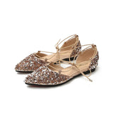 Women Luxury Rhinestone Ballet Flats Cross-Tied Lace Up Flat Shoes Woman Crystal D'orsay Wedding Shoes Glitter