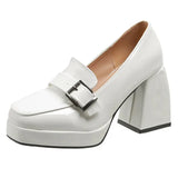 New Chunky High Heels Loafers Women Metal Buckle Square Toe Platform Pumps Woman Pu Leather Office Work Shoes