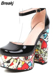 Chunky Heeled Satin Ankle Strap Pumps 2023 Spring Summer High Heel Wedding Shoes Walking Comfy Women Sandal Big Size