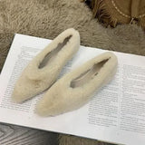 Toe Fur Ballet Flat Woman Shoes Winter Warm Plush Shallow Loafer Ladies Concise Furry Heeled Dress Shoes Zapatos