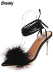 Women Sandalias Pink High Heels Women Cross Strap Furry Fluffy Sandals Pumps New Sexy Ankle Bind Stiletto Open Toe
