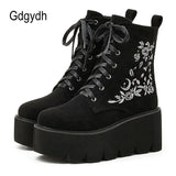 Retro Gothic Style Embroidered Flower Boots Women Platform Wedge Black Suede Heel Thick Bottom Ankle Boots With
