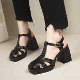 Hollow Out Roman High-Heeled Women Summer Season New Fashion Square Head Back Empty Thick With One Word Buckle Sandal