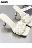 Heels Slippers Women Summer Shoes Slides Low Fashion Heeled Mules Pantofle Luxury High 2023 Basic Retro Fabric Rubber