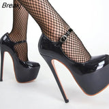 Women Super High Heel 17CM Pumps 2022Spring Autumn Platform Patent Leather Red Black Round Toe Buckle Strap Sexy Zapato De