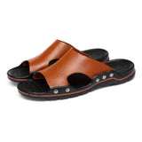 Men Slippers Clogs Genuine Leather Breathable Flat Sandals Shoes Beach Classics Leather Mens Slippers Outdoor Flip