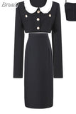 Autumn 3 Piece Dress Set Solid Korean Suit Slim Strap Vest + Long Sleeve Crop Tops + Casual Elegant Midi Skirt Woman