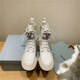 Women Genuine Leather Motorcycle Boots Platform Thick High Heel Lace Up Lady Shoes Zipper Ankle Boots 2021 Autumn