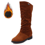 Winter Women Shoes Mid Calf Boots Warm Plush Women's Shoes Retro Slip on Platform Low Heel Knight Long Stretch