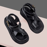 Women Sandals Genuine Leather 2023 Summer New Clip Toe Flats Shoes Gladiator Buckle Strap Muffin Sandals Casual Ladies