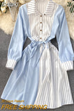 New Spring Summer Striped Print Patchwork Long Sleeve Shirt Dress Women Casual Buttons Lace-up Sash A-line OL Work
