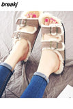 Unisex Plush Cork Slippers 2023 Women Casual Double Buckle Nubuck Leather Non-slip Men Outside Slides