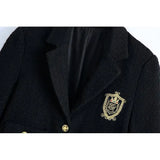 Elegant Appliques Pockets Cropped Tweed Jacket Women 2021 Fashion Single Breasted Turn-down Collar Short