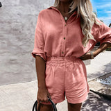 Two Piece Set Casual Long Sleeve Turn-down Collar Cotton Linen Loose Blouse Shirts And High Waist Shorts Retro