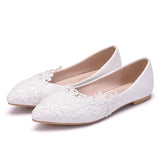 Queen Ballet Flats White Lace Wedding Shoes Women Slip on Pointed Toe Comfortable Grandmother