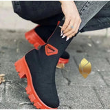 Knitting Boots Women's 202243 Large Size Thick Heel Solid Color Mid-tube Warm Elastic Flying Knitting Boots