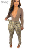 Plaid Print High Waisted Pants Casual Office Lady Trousers Slit Design Women Skinny Stacked Long Pants New 2023