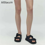 Summer Women Flat Sandals Luxury Black Crystal Buckle Thick Bottom Sandals Concise Designer Plus-size Woman Platform