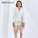 Indie Folk Blazer For Women V Neck Long Sleeve Patchwork Tassel Lace Up Hit Color Coat Female 2022