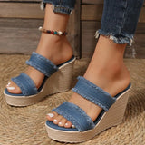Denim Wedge High Heels Sandals Women Slip On Chunky Platform Slippers Woman Fashion Blue Thick Sole Slides Plus Size