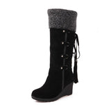 Knee-High Boots Winter Snow Boots Wedges Keep Warm Shoes for Women Tassel High Heel Boots Cotton-padded Knee High