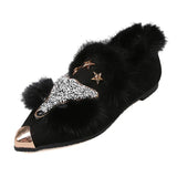Flats Women Fox Faux Fur Espadrilles Beading Mules Ladies Warm Winter Pointed Toe Shoes Plush